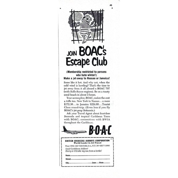 Vintage 1960s BOAC British Airways Escape Club Travel Advertisement Print - Picture 2 of 2